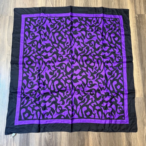 Vintage Christian Dior Silk Scarf Black & Purple Baroque Square 34" - Picture 1 of 7